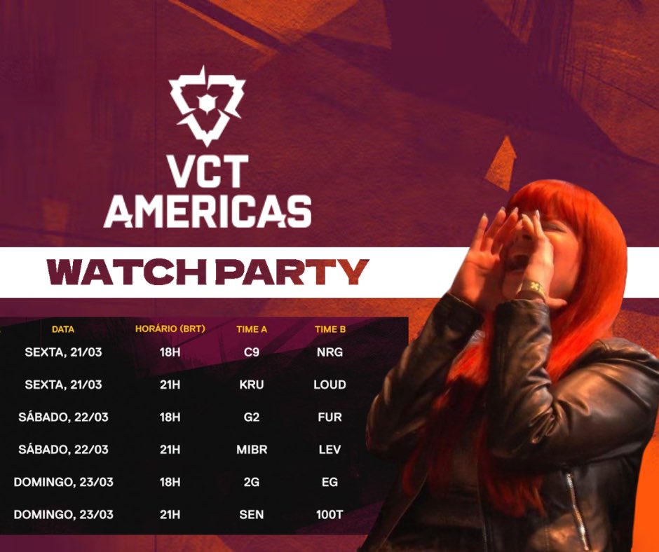 ✨ WATCH PARTY DO VCT AMÉRICAS ✨

Galera, tô muito feliz de poder compartilhar que vou fazer WP de TODOS os jogos do Américas! 🤓

Eu e você temos um compromisso começando sexta às 18h, te espero lá! ❤️ 

#Valorant #VCTAmericas