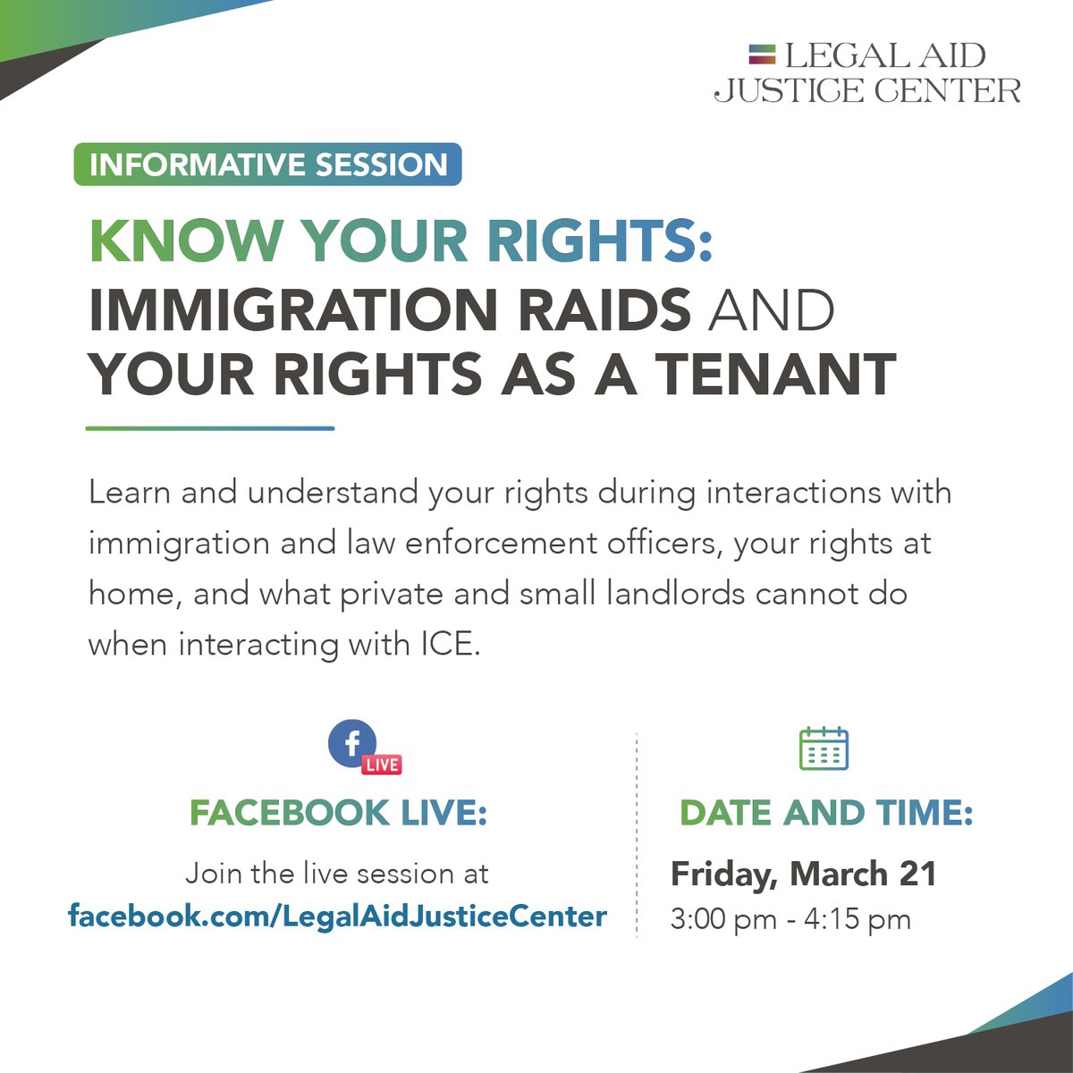 🚨Join us tomorrow, Friday 03/21, for this informative session where we will talk about your rights during interactions with #immigration and law enforcement officers and your rights as a #tenant.

Follow the livestream ➡️ facebook.com/LegalAidJustic… 

[This event will be in Spanish]