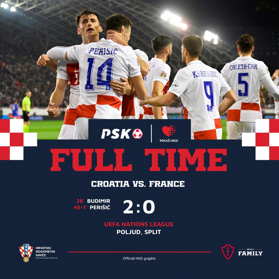 Final whistle in Split! 🎇 #Croatia gains advantage in the first leg of the #NationsLeague quarterfinals, with a magnificent performance against France - congratulations! 💪 #CROFRA

#NationsLeague | #PokažiSrce | #Family | #Vatreni❤️‍🔥