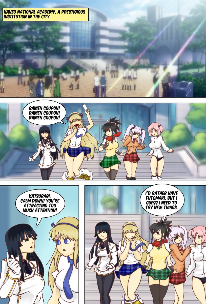 Phantom__Riot's tweet photo. Page 2 The girls arrive at Hanzo Academy! Katsuragi gets overly excited about ramen coupons, while the others try to keep her in check.
It was a lot of fun working with you, to be honest, ninjaspiral!
#SenranKagura #AnimeManga #ComicCollab https://t.co/UfXjJDETVD