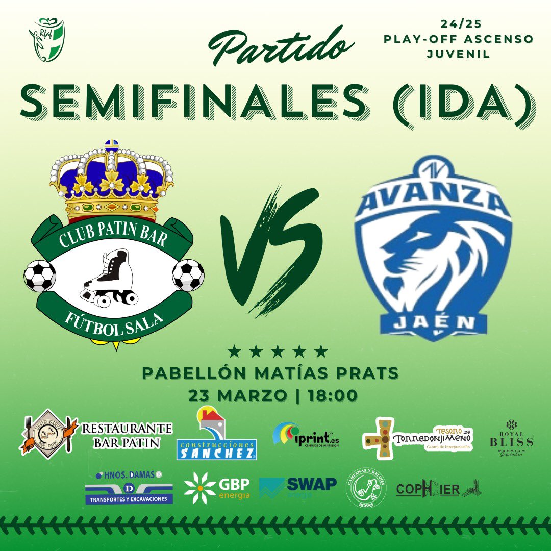 📣𝕁𝕌𝕍𝔼ℕ𝕀𝕃📣

Comienzan las semis de la fase de ascenso para nuestros juveniles. Partido histórico donde lo van a dar todo por este escudo. 

 ¡Os necesitamos afición! No faltéis a la cita! 💚🤍

🆚 @AvanzaFutsal 
🏆 1/2 Ida <a href="/RFAFJAEN/">RFAF - Delegación de Jaén</a> 
⌚️18:00 h. 
📌Pabellón Matías Prats.