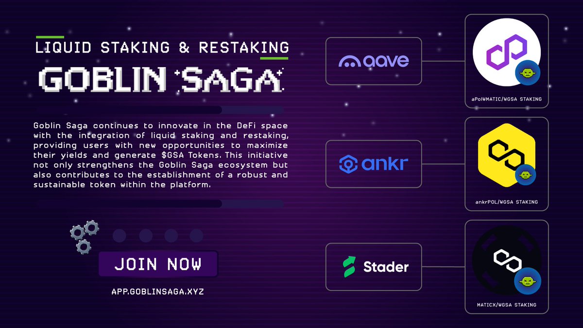 🚀 The Goblin Saga is revolutionizing its #DeFi ecosystem with restaking protocols like <a href="/aave/">Aave</a>, <a href="/ankr/">Ankr</a>, and <a href="/stader_polygon/">Stader Polygon</a> ! 💎

📈With options like👇
🪙MATICX/WGSA
🪙ankrPOL/WGSA
🪙aPolWMATIC/WGSA

Users can maximize earnings without sacrificing liquidity. Let’s break down how