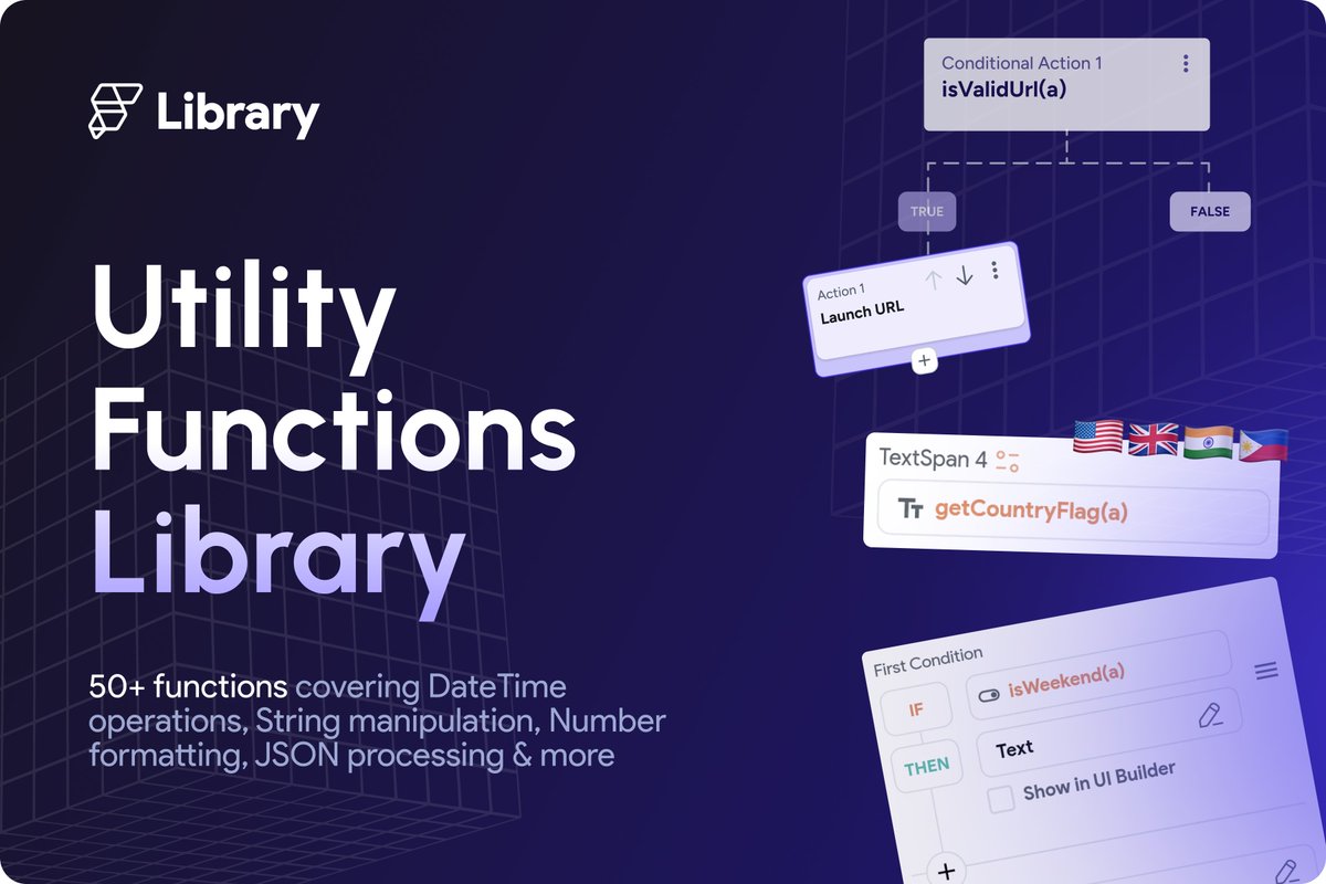 flutterflow's tweet image. New Utility Functions Library in Marketplace with 50+ custom Dart functions!
✅ DateTime Utilities
✅ String Manipulation
✅ Number Operations
✅ Validation Functions
✅ File & Encoding Helpers