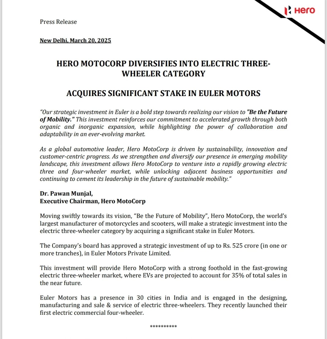 StopPress! <a href="/HeroMotoCorp/">Hero MotoCorp</a> forays into electric three-wheeler category by acquiring 32.5% stake in Euler Motors for ₹525 crore...<a href="/siamindia/">SIAM India</a> <a href="/ACMAIndia/">ACMA India</a> <a href="/FADA_India/">FADA</a> <a href="/MHI_GoI/">Ministry of Heavy Industries</a>