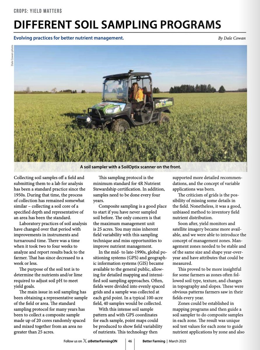 Better Farming | It's Farming. And It's Better. (@betterfarmingon) on Twitter photo Scanning technology "allows for the collection of unique soil properties that can be used to determine where to take soil samples to best represent that field."
Columnist Dale Cowan explains further in our March magazine.
#OntAg #Farm365 #Plant25 
betterfarming.com/flippingbook/b… Scanning technology "allows for the collection of unique soil properties that can be used to determine where to take soil samples to best represent that field."
Columnist Dale Cowan explains further in our March magazine.
#OntAg #Farm365 #Plant25 
betterfarming.com/flippingbook/b…