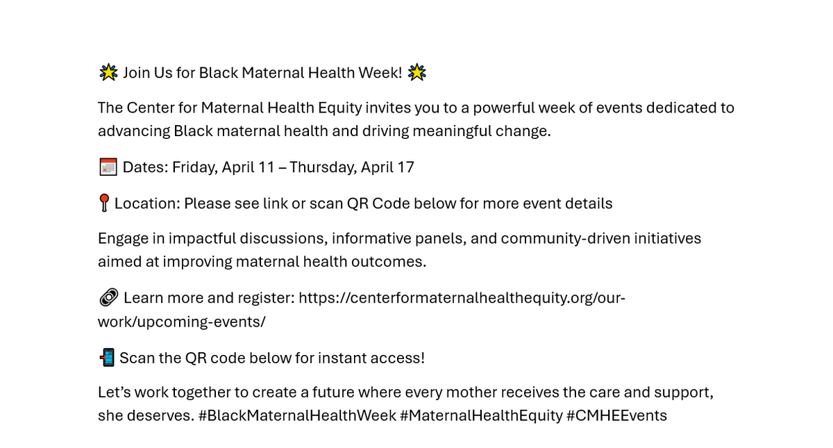 MSM_CMHE's tweet photo. 🌟 Join Us for Black Maternal Health Week! 🌟
The Center for Maternal Health Equity invites you to a powerful week of events dedicated to advancing Black maternal health and driving meaningful change.
https://t.co/ch8VVNX62k https://t.co/o8GRnansaB