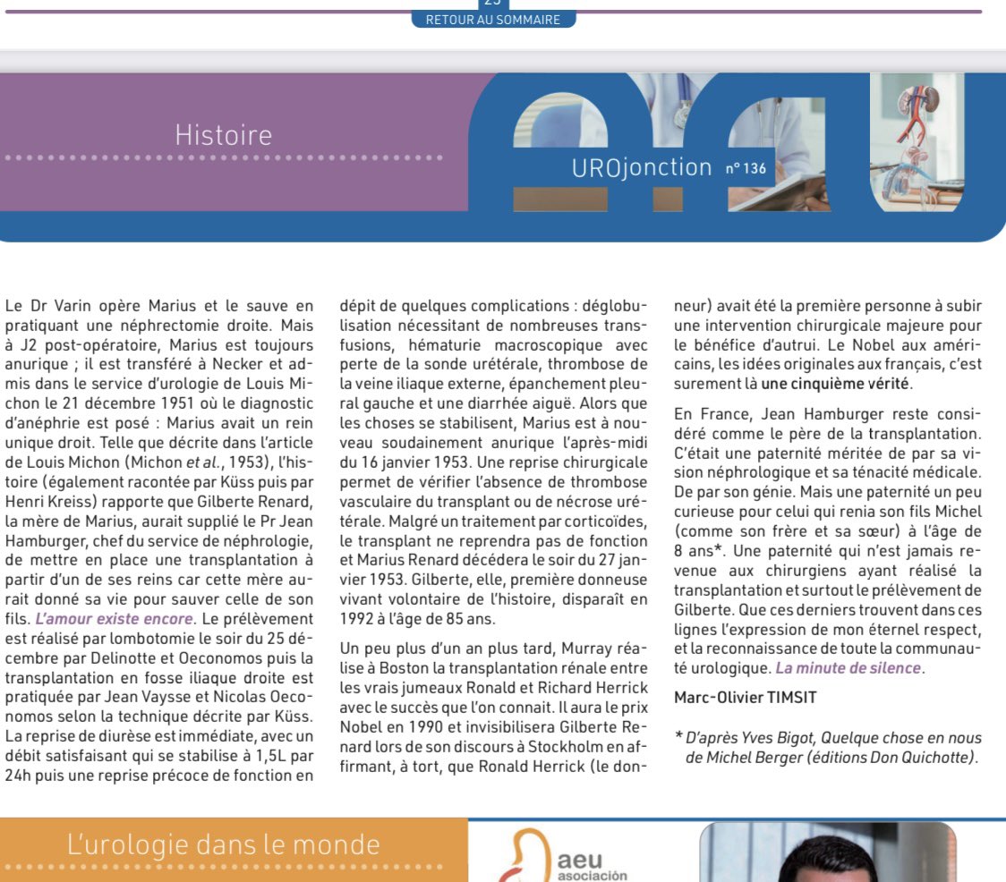 UrologieParis's tweet photo. La première transplantation rénale a-t-elle eu lieu à Necker en 1952 ?
La réponse dans cet article de #Urojonction.
Et l’histoire de Gilberte, la première donneuse vivante d’un rein sain, à qui je pense chaque mercredi ou presque dans le bâtiment Hamburger @hopital_necker . https://t.co/L8FmvhZRxs