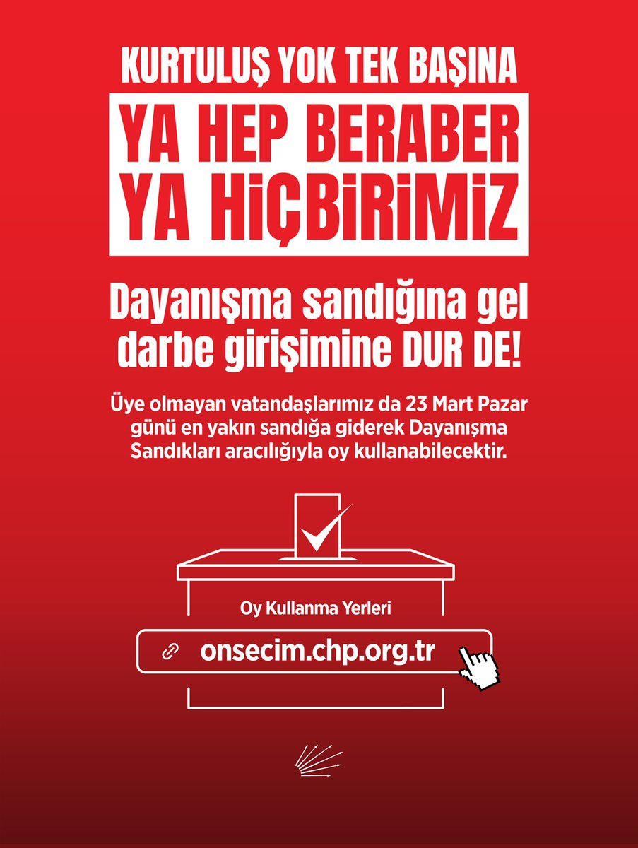 Dayanışma sandığına gel, darbe girişimine dur de!

Üye olmayan vatandaşlarımız da 23 Mart Pazar günü en yakın sandığa giderek Dayanışma Sandıkları aracılığıyla oy kullanabilecektir.

Oy Kullanma Yerleri İçin Tıklayın: onsecim.chp.org.tr