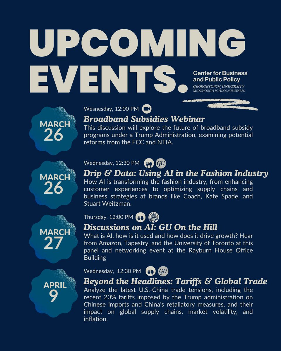 Join us for discussions on broadband policy, AI in fashion, and insights into global trade and tariffs. All event details and registration in bio.