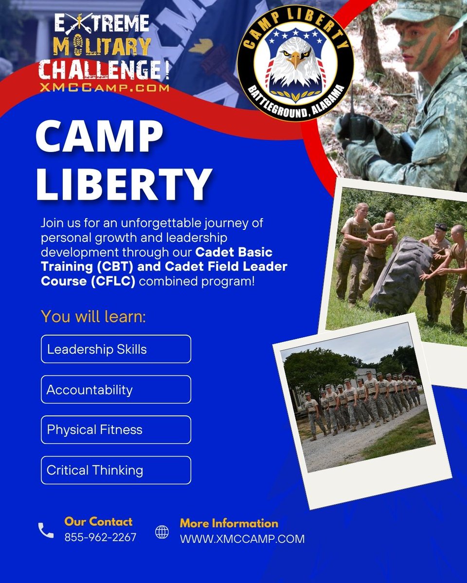XMCCAMP's tweet photo. 🚀 Join the Ultimate Leadership Challenge at Camp Liberty! 🏕️💪
Take an unforgettable journey of personal growth and leadership development with our Cadet Basic Training (CBT) &amp; Cadet Field Leader Course (CFLC) combined program! 
 📞 Contact: 855-962-2267 https://t.co/BlvMRWnDbS