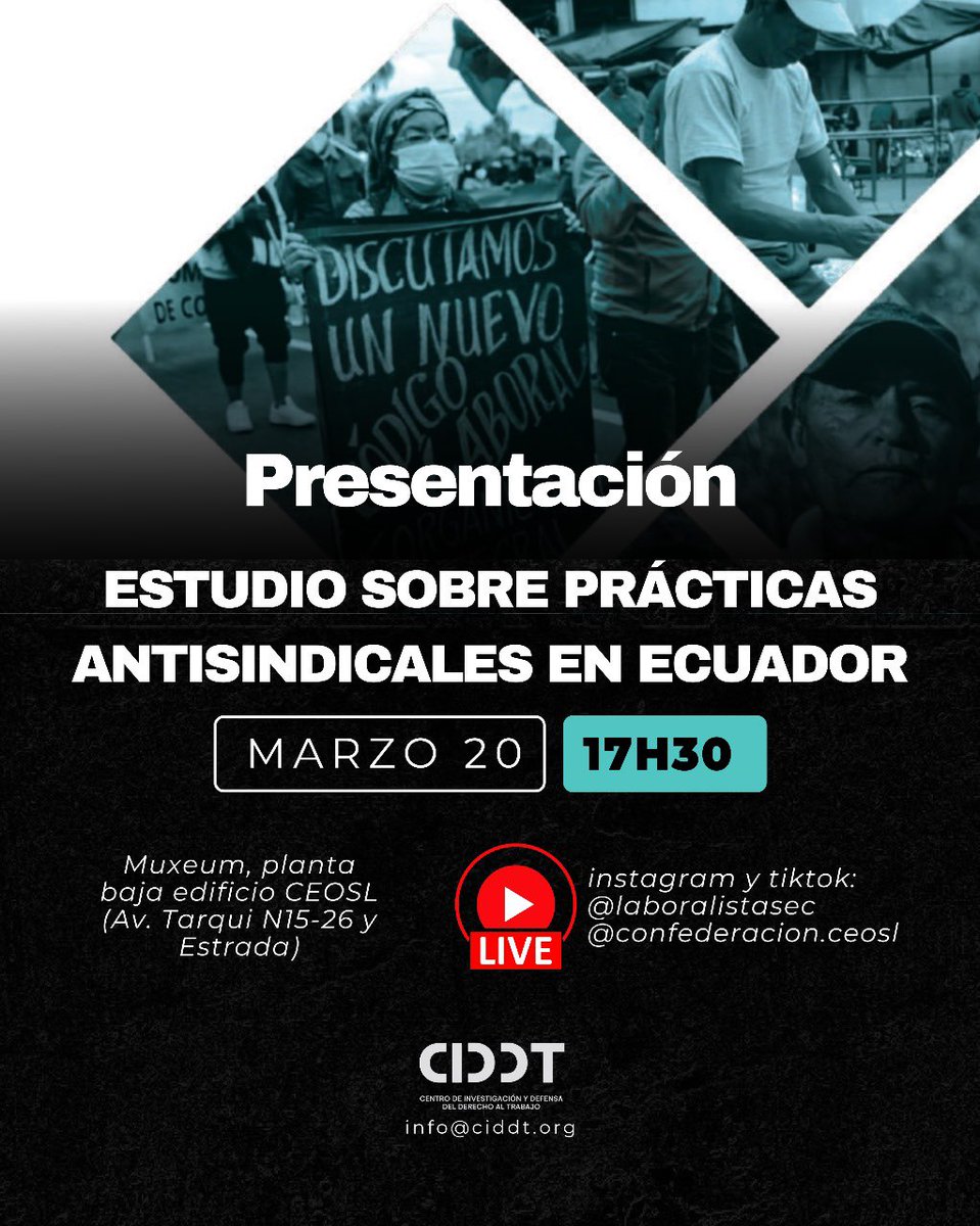 🗓️ ¡Hoy! Presentación del Estudio sobre prácticas antisindicales en Ecuador

¡Se transmitirá en vivo!