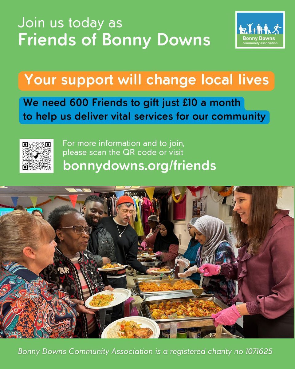 At BDCA, we help people of all background in our local community, including families on low income, those who are homeless, young people, and lonely elders.
We need 600 friends to commit to gift just £10 a month to continue our work - can you be one?  bonnydowns.org/friends/
