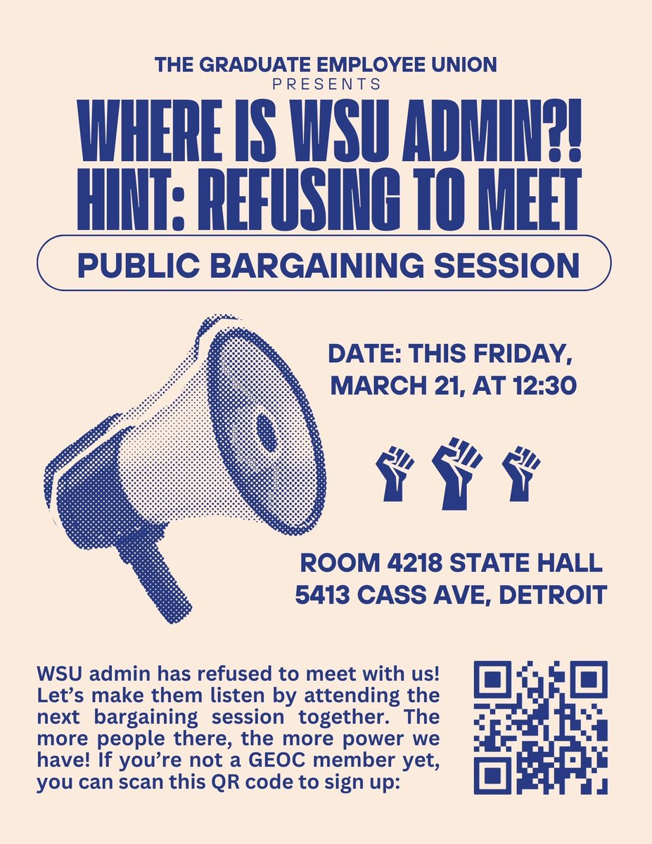 Wayne State’s administration says they won’t meet with us this Friday. Sign this letter of support urging the University to treat graduate workers with the respect we deserve: docs.google.com/forms/d/e/1FAI…