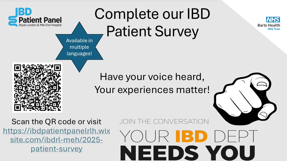Calling all #IBD Patients/ Carers at Royal London and Mile End Hospitals.

Complete our IBD Survey and help shape your future care! 

Your voice and experiences matter to us!  

Survey is for Children's, Young Adults and Adult Services

ibdpatientpanelrlh.wixsite.com/ibdrl-meh/2025…