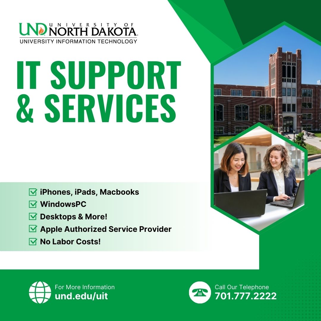 UNDTechAlert's tweet image. 📢 Need tech help? UIT is here for you! Visit us at the Chester Fritz Library for all your IT support needs. Whether it’s Wi-Fi issues, software questions, or tech troubleshooting, we’ve got your back! 💻📚 #UITSupport #TechHelp #UND #UNDProud