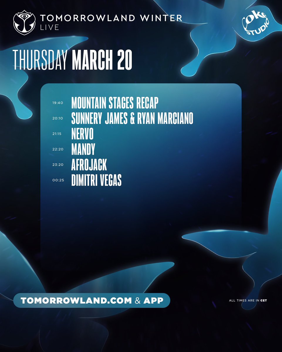 No te pierdas la actuación de estos artistas en directo en Tomorrowland Winter en Tomorrowland.com o en la app de Tomorrowland! Horarios en CET. Junto con Coca-Cola.