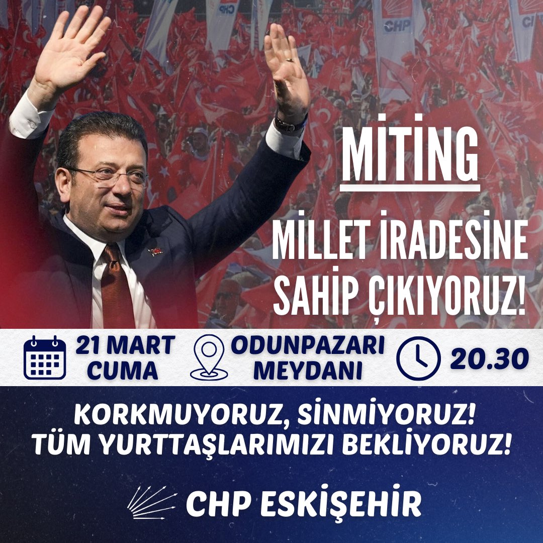 Millet İradesine Sahip Çıkıyoruz Mitingi!

Korkmuyoruz, Sinmiyoruz!

Tüm hemşehrilerimizi 21 Mart Cuma Günü (YARIN) saat 20.30’da Odunpazarı Meydanında Millet İradesine Sahip Çıkıyoruz Mitingine davet ediyoruz!

🗓️ 21 Mart Cuma (YARIN)
⏰ 20.30
📍 Odunpazarı Meydanı

Not: 22 Mart