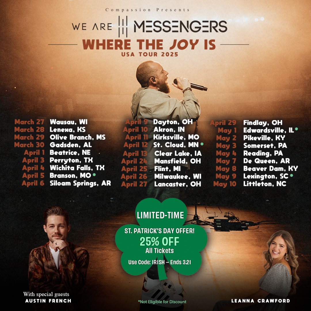 itickets's tweet image. 🍀 St. Patrick’s Day Special! 🍀

Get 25% OFF We Are Messengers tickets with code IRISH! 🎶✨

But don’t wait — this offer ends Friday, March 21st! 🗓️ Not valid on Early Entry Ticket

Hurry and grab yours now! 
bit.ly/WAMTOUR

 #StPatricksDay #TicketSale #WeAreMessengers