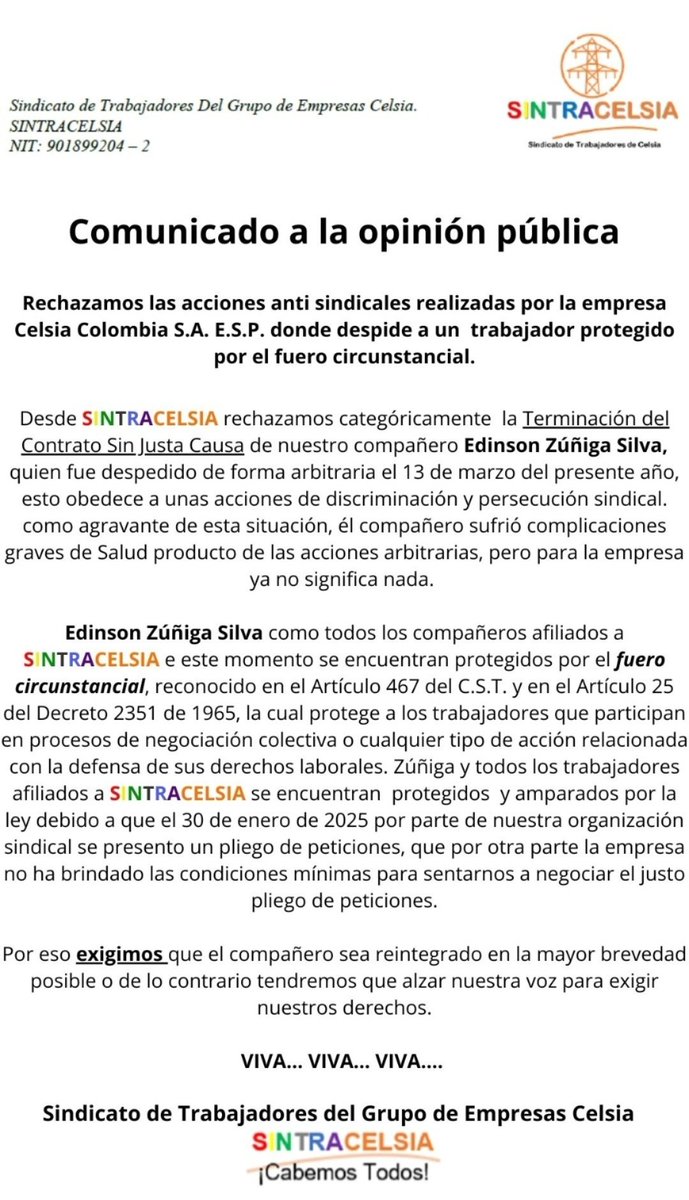 Hacemos la respectiva  denuncia frente a los hechos perpetrados por la administración  de <a href="/Celsia_Energia/">Celsia</a>, al tomar la decisión de despedir trabajadores en medio del conflicto colectivo.<a href="/cutcolombia/">Central Unitaria de Trabajadores</a> <a href="/maltescut1/">Francisco Maltés Tello</a> <a href="/WILSONSAENZ15/">WILSON SAENZ</a>