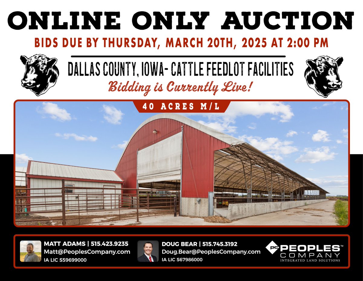 LESS THAN TWO HOURS AWAY UNTIL BIDDING ENDS

Central Iowa Cattle Feeding Operation Available | 40 Acres M/L in Dallas County, IA

Peoples Company is pleased to present this outstanding opportunity to own 40 gross acres m/l in Central Iowa equipped with turn-key cattle feeding