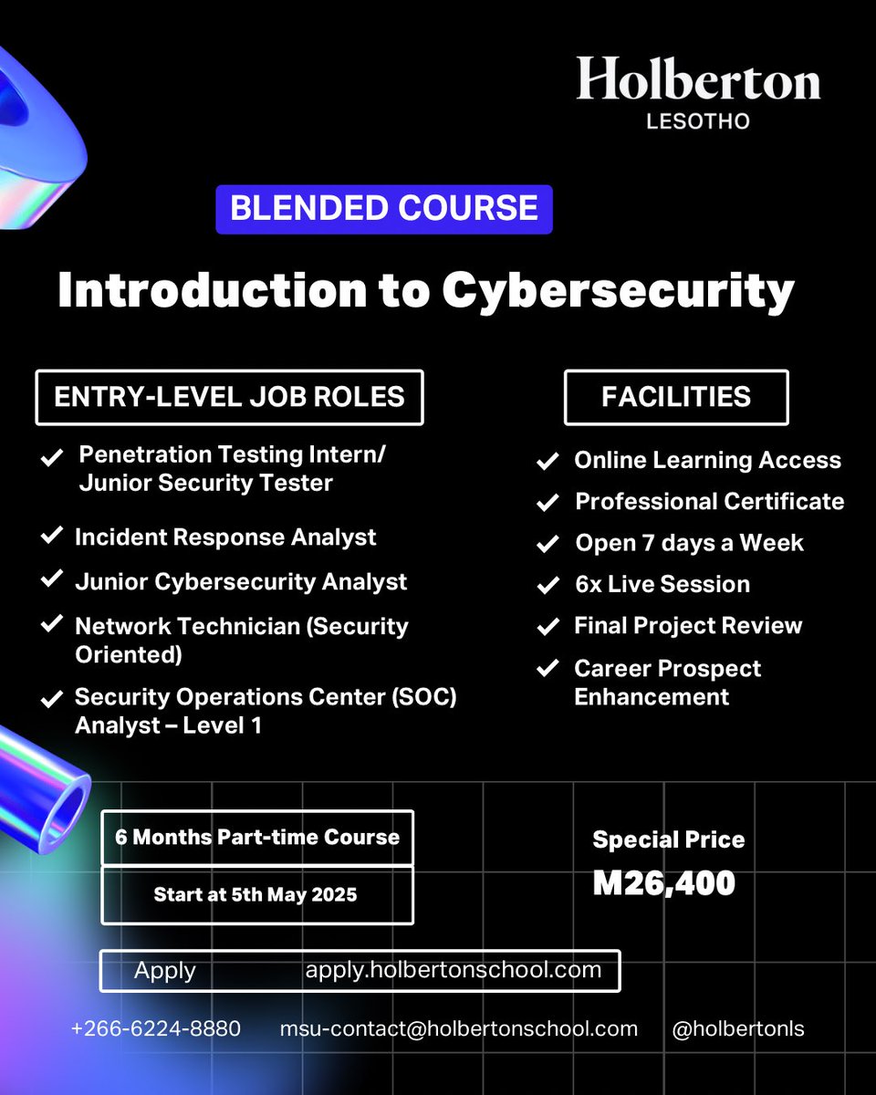 Holberton School Lesotho (@holbertonlso) on Twitter photo ๐๐ง๐ญ๐ซ๐จ๐๐ฎ๐๐ญ๐ข๐จ๐ง ๐ญ๐จ ๐๐ฒ๐๐๐ซ๐ฌ๐๐๐ฎ๐ซ๐ข๐ญ๐ฒ ๐๐ญ Holberton School Lesotho
Join ๐๐จ๐ฅ๐๐๐ซ๐ญ๐จ๐ง ๐๐๐ก๐จ๐จ๐ฅ ๐๐๐ฌ๐จ๐ญ๐ก๐จ for a ๐-๐ฆ๐จ๐ง๐ญ๐ก ๐ฉ๐๐ซ๐ญ-๐ญ๐ข๐ฆ๐ ๐ฉ๐ซ๐จ๐ ๐ซ๐๐ฆ designed to equip you with in-demand skills for the fast-growing cybersecurity industry ๐๐ง๐ญ๐ซ๐จ๐๐ฎ๐๐ญ๐ข๐จ๐ง ๐ญ๐จ ๐๐ฒ๐๐๐ซ๐ฌ๐๐๐ฎ๐ซ๐ข๐ญ๐ฒ ๐๐ญ Holberton School Lesotho
Join ๐๐จ๐ฅ๐๐๐ซ๐ญ๐จ๐ง ๐๐๐ก๐จ๐จ๐ฅ ๐๐๐ฌ๐จ๐ญ๐ก๐จ for a ๐-๐ฆ๐จ๐ง๐ญ๐ก ๐ฉ๐๐ซ๐ญ-๐ญ๐ข๐ฆ๐ ๐ฉ๐ซ๐จ๐ ๐ซ๐๐ฆ designed to equip you with in-demand skills for the fast-growing cybersecurity industry