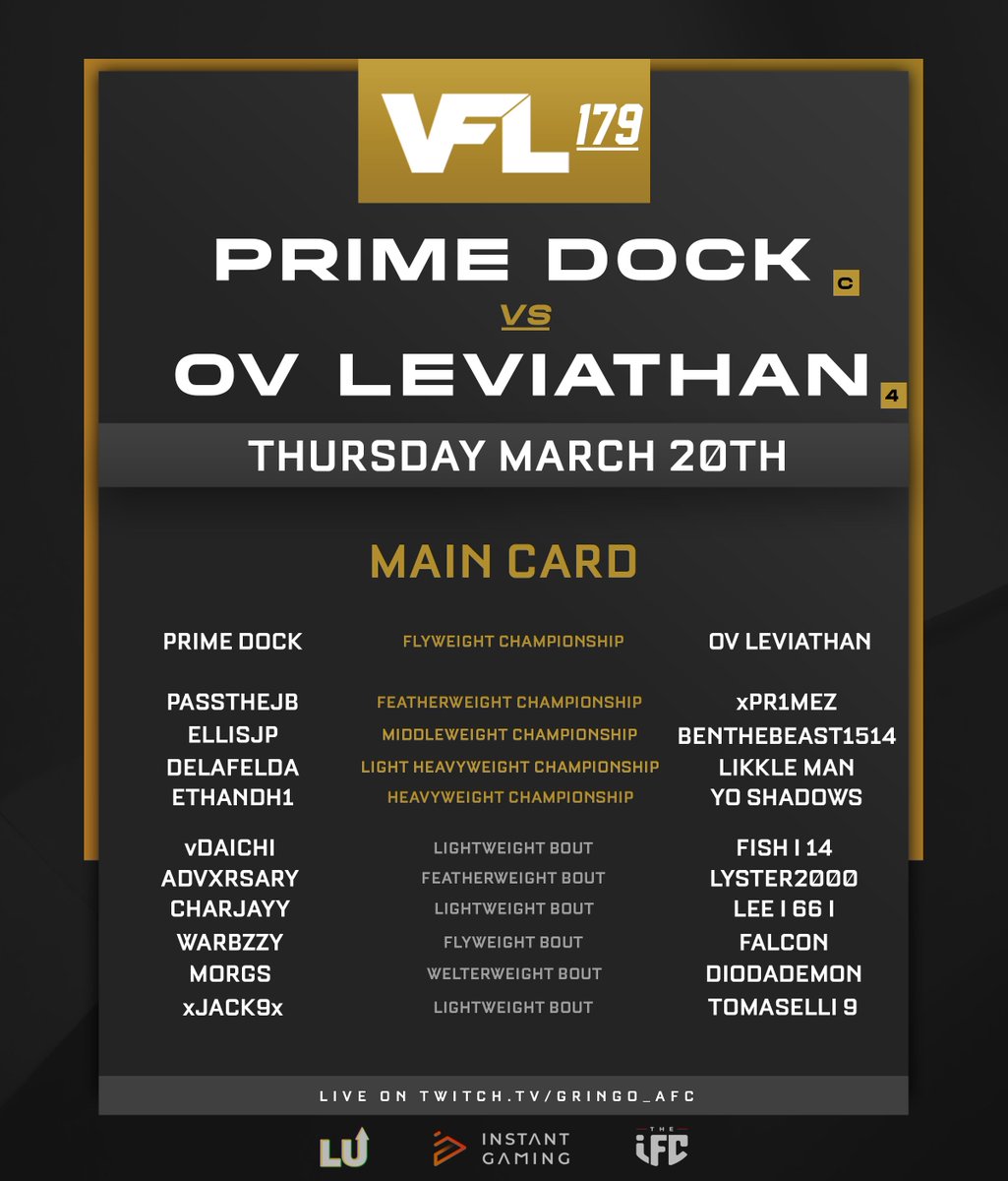 Gringo_AFC's tweet photo. VFL 179: #PrimeDock vs. #Ov_Leviathan - The VFL Flyweight Championship of the World 🏆

🕖 7pm UK / 3pm US EST for the Prelim Card!

🕙 10pm UK / 6pm US EST for the Main Card!

📹 https://t.co/QCZvyxaeET https://t.co/RuMnaJYSOL