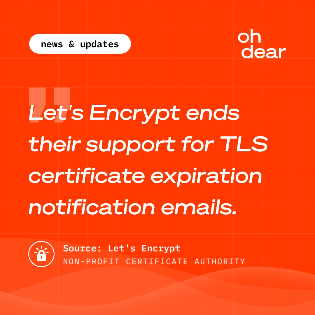 Oh Dear (@ohdearapp) on Twitter photo Well, try saying that headline three times fast. But in case you were relying on Let's Encrypt to notify you of expiring certificates, here's your heads-up.
For context, <a href="/letsencrypt/">Let's Encrypt</a> is well-known as a free and open Certificate Authority. They give people the digital Well, try saying that headline three times fast. But in case you were relying on Let's Encrypt to notify you of expiring certificates, here's your heads-up.
For context, <a href="/letsencrypt/">Let's Encrypt</a> is well-known as a free and open Certificate Authority. They give people the digital