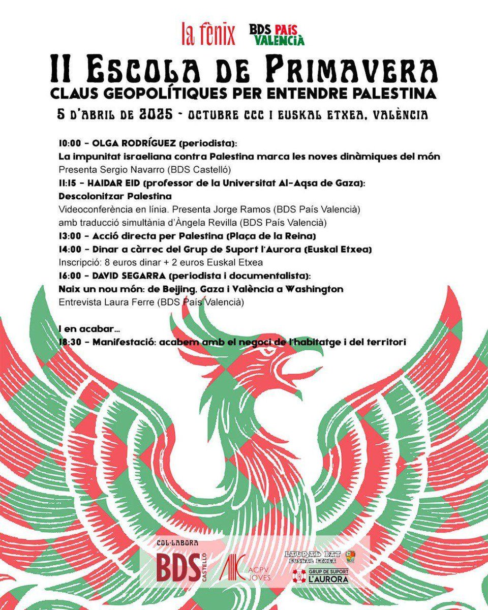 LaFenix_UP's tweet photo. Programació de la II Escola de Primavera de @LaFenix_UP, @BDSPaisValencia i @BdsCastello!❤️‍🔥

Claus geopolítiques per entendre Palestina amb @olgarodriguezfr, Haidar Eid, @Davidsegarra...  

Seguim parlant de Palestina! 🍉

Inscripció al dinar solidari 👉 https://t.co/Bwza5f49tf https://t.co/rtlIsYmXlY