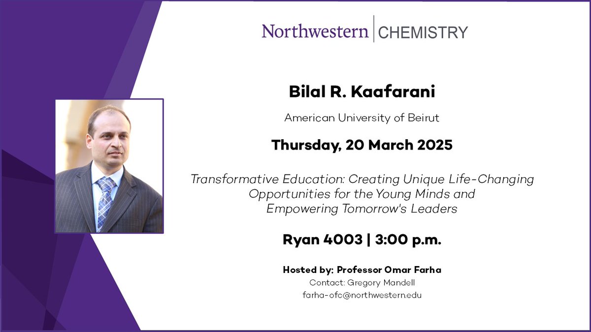 NUChemistry's tweet image. Don&apos;t miss today&apos;s seminar with @BilalRKaafarani from @AUB_Lebanon! #TransformativeEducation #Chemistry 

📅March 20 | 🕒 3:00 p.m. | 📍Ryan 4003