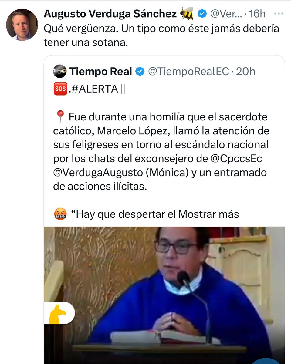Adrian Castro (El ShunGo) (@acastropiedra) on Twitter photo Vergüenza debe darles cambiarse de nombres para repartirse los cargos públicos y salir huyendo del país como siempre. Están acostumbrados a poner una mordaza a quienes levantan su voz. Aquí en Cuenca no lo vamos a tolerar. Mi solidaridad con el padre <a href="/pmarcelopez/">Padre Marcelo López S.</a>. Nadie debe Vergüenza debe darles cambiarse de nombres para repartirse los cargos públicos y salir huyendo del país como siempre. Están acostumbrados a poner una mordaza a quienes levantan su voz. Aquí en Cuenca no lo vamos a tolerar. Mi solidaridad con el padre <a href="/pmarcelopez/">Padre Marcelo López S.</a>. Nadie debe