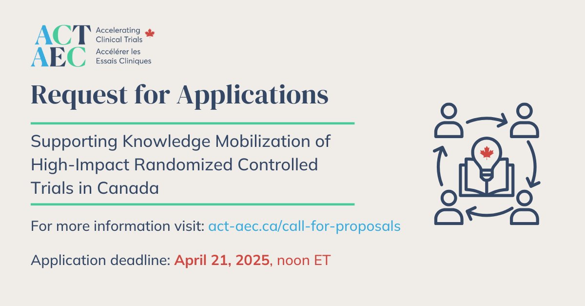 Accelerating Clinical Trials Canada (@actaec) on Twitter photo 📣 Call For Proposals - Update!
The deadline for our opportunity supporting novel #KnowledgeMobilization of #ClinicalTrials has been extended from March 24, 2025 to April 21, 2025. 
For more information visit our website: act-aec.ca/call-for-propo… 📣 Call For Proposals - Update!
The deadline for our opportunity supporting novel #KnowledgeMobilization of #ClinicalTrials has been extended from March 24, 2025 to April 21, 2025. 
For more information visit our website: act-aec.ca/call-for-propo…