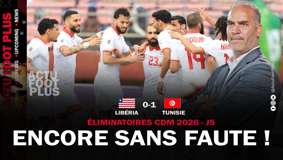 clients17513's tweet photo. Éliminatoires de la Coupe du Monde 2026.
Libéria # Tunisie   0-1
Les Aigles s’imposent au Liberia et poursuivent leur parcours sans-faute https://t.co/CzHCbogRLr