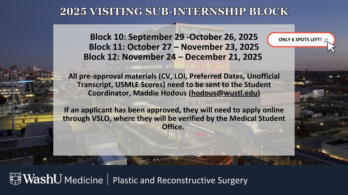 Calling All Rising M4s!

Apply now for our Visiting Sub-Internship! Gain hands-on experience in innovative procedures with top faculty. Prepare for your future in plastic surgery!

Learn more: bit.ly/418VdkB

#WashUPlasticSurgery #SubInternship