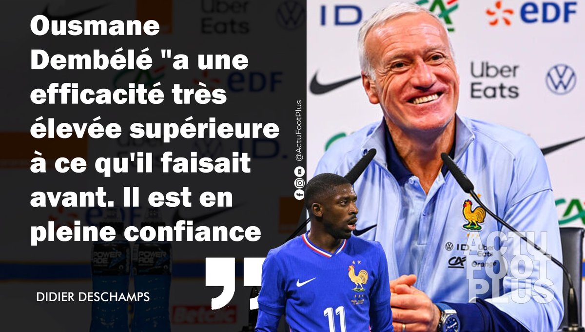 clients17513's tweet photo. Ligue des nations 2025
Parole de Didier Deschamps
Sélectionneur de l'équipe de France de football
" Ousmane Dembélé "a une efficacité très élevée supérieure à ce qu'il faisait avant'' https://t.co/Mg6aOTeccL