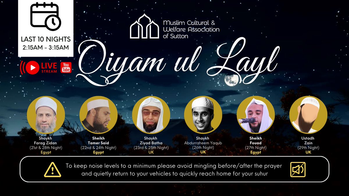 MCWAS81's tweet photo. Join us for Qiyam al-Layl starting from tonight, 21st night of #Ramadan from 2:15am - 3:15am and will continue every night until the end of Ramadan, In’sha’Allah.

The prayers will be led by different Imam’s &amp; Shaykh’s. 

@MZiyadBatha https://t.co/5aUXbf0kNe