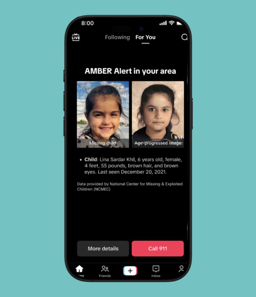 Dexerto's tweet photo. TikTok U.S. will now show AMBER alerts in the app for missing children nearby

The alerts will show up on the FYP, with a button to call 911 https://t.co/kTDBTtiD5m