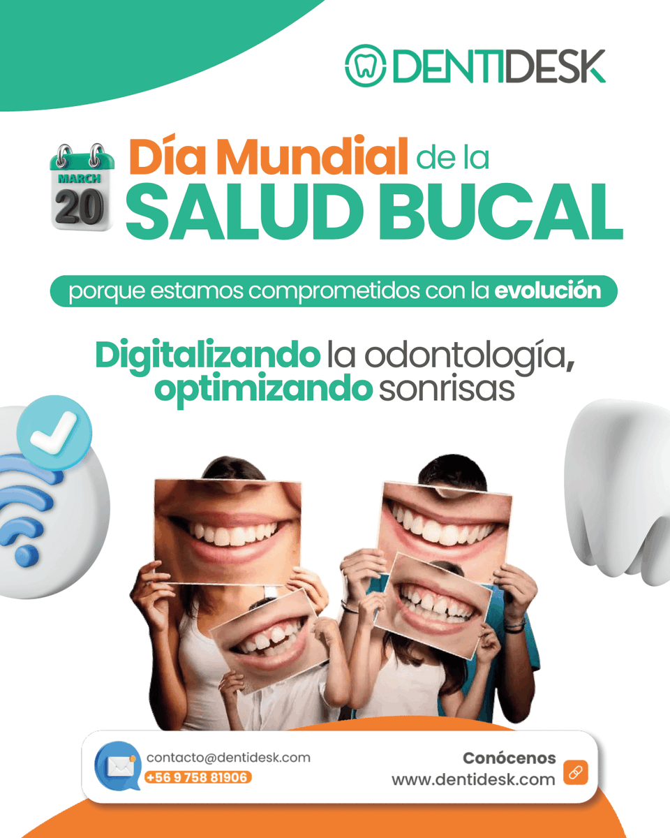 🦷 Innovación en odontología

En el #DíaMundialDeLaSaludBucal reafirmamos el compromiso con la transformación digital. Con DENTIDESK, los profesionales optimizan la gestión clínica, agilizan citas y mejoran el seguimiento de tratamientos. 🚀

 ¡Más tecnología, mejor salud oral!