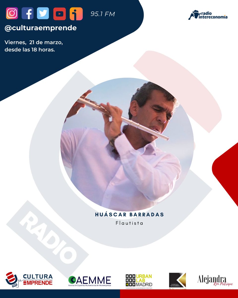Este viernes, el reconocido flautista y compositor venezolano Huáscar Barradas será el invitado especial en el programa “Cultura Emprende” de Radio Intereconomía, donde conversará con <a href="/AleRonPedrique/">Alejandra Ron-Pedrique</a>
culturaemprende.com/huascar-barrad…