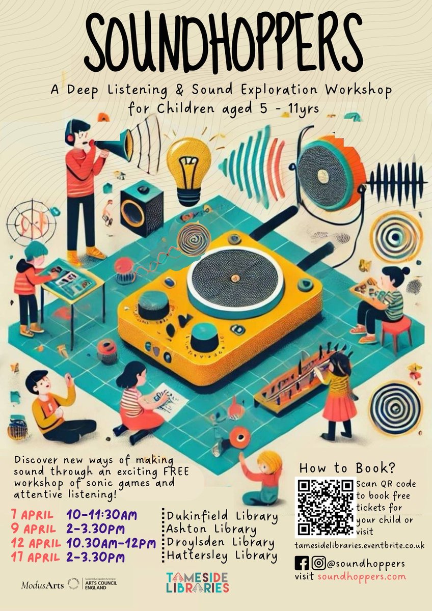 We're going to have a noisy time in the school holidays with Make Some Noise craft activities as well as SoundHoppers workshops from Modus Arts!

Booking for the SoundHoppers workshops is here tamesidelibraries.eventbrite.co.uk