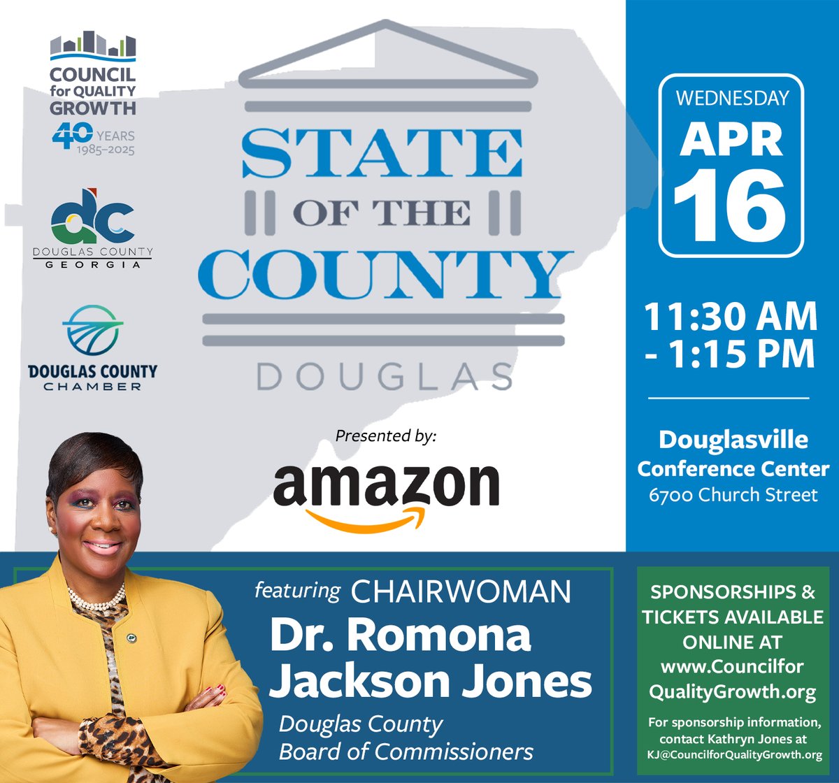 ONE MONTH LEFT to join us for the 2025 State of Douglas with Chairwoman Dr. Romona Jackson Jones, presented by Amazon. Join us on April 16 at 11:30AM at the Douglasville Conference Center: councilforqualitygrowth.memberzone.com/events/details….

#StateofDouglas #DouglasCounty