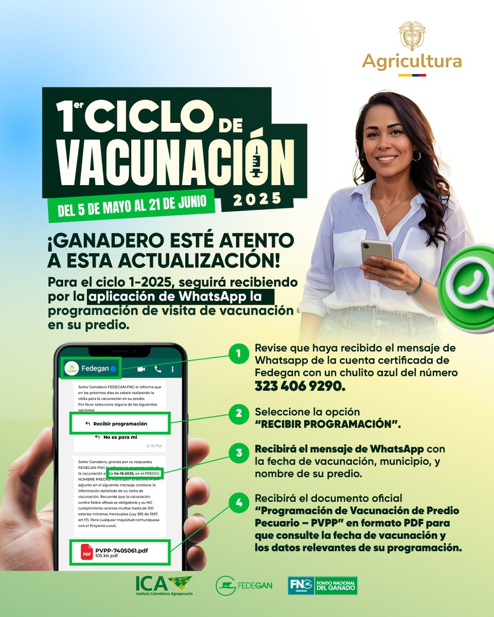 #TodosAVacunar 

¡Atentos, ganaderos de #Colombia! Este 5 de mayo empieza la campaña sanitaria contra aftosa, brucelosis bovina y rabia silvestre.

Tenga en cuenta que... la programación de la vacunación se está llevando a cabo de manera virtual.

A través de una cuenta
