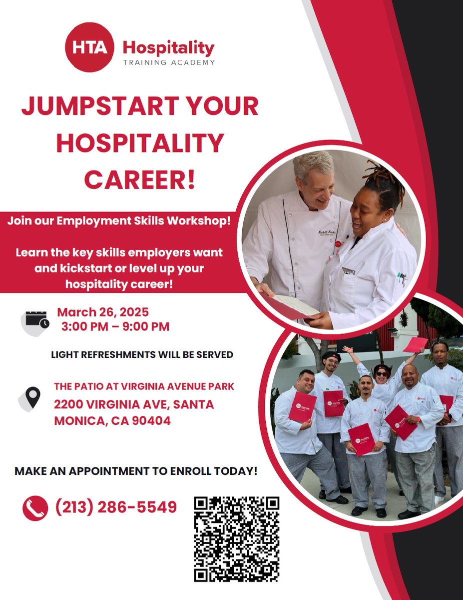 Learn new skills to impress employers in the hospitality field at <a href="/LosAngelesHTA/">HTA</a>’s employment workshop.

📅 Wednesday, March 26, 2025
⏰ 3:00 PM to 9:00 PM 
📍 2200 Virginia Ave., Santa Monica, CA 90404

📞📲 Call (213) 286-5549 or scan the QR code to learn more.