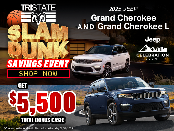 TriStateCDJR's tweet photo. 🏀🚗 Slam Dunk Savings at Tri-State Chrysler Dodge Jeep &amp; Ram! Get $5,500 Total Bonus Cash on the 2025 Jeep Grand Cherokee &amp; Grand Cherokee L! Don’t miss out! 💥

https://t.co/7KM0Y8tA0D

#SlamDunkSavings #JeepDeals https://t.co/5SfNxPdPDa