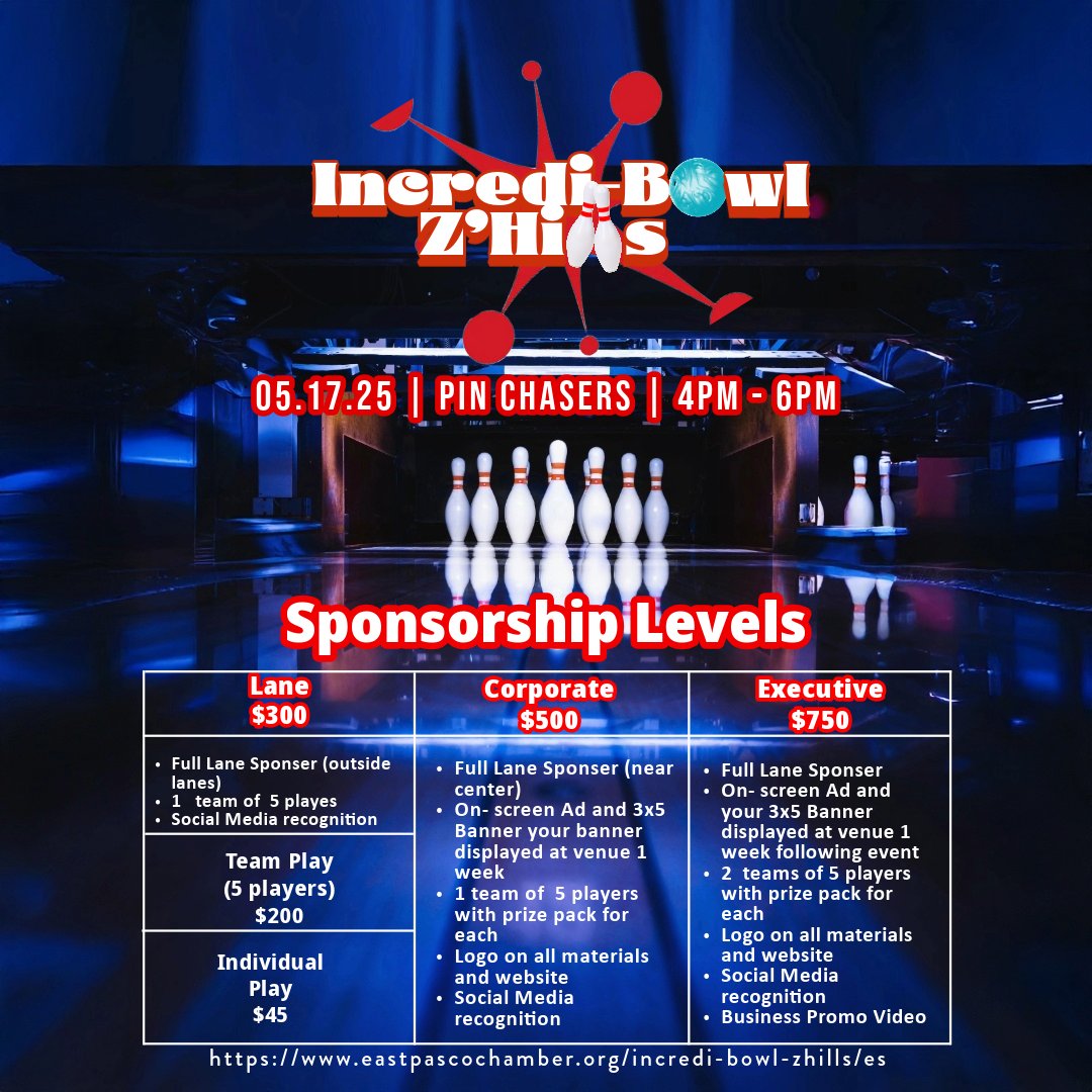 Join us for Incredi-BOWL Z'Hills! 🎳🌞 Bowl, eat pizza, and enjoy raffles while supporting local schools! Hosted by Pin Chasers &amp; Greater East Pasco Chamber. Sign up today! A portion benefits youth &amp; education programs. #IncrediBowl #PinChasers #FamilyFun #EPCOC