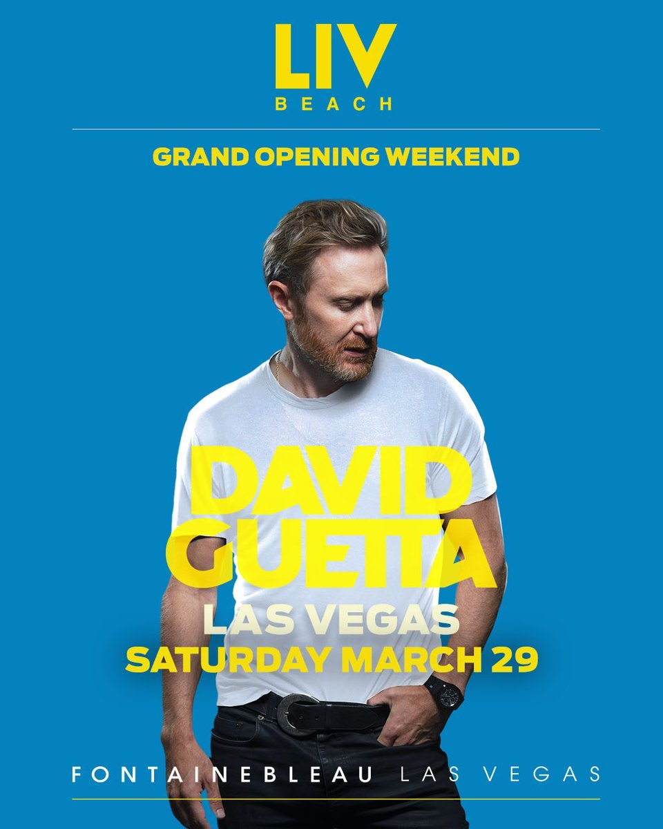 LIV Beach (@livbeachlv) on Twitter photo Nothing but beats all summer long βοΈ Join us NEXT SATURDAY, March 29th for <a href="/davidguetta/">David Guetta</a>'s DEBUT under the sun for an unmatched Grand Opening Weekend.
Tickets & Reservations: LIVBEACH.COM Nothing but beats all summer long βοΈ Join us NEXT SATURDAY, March 29th for <a href="/davidguetta/">David Guetta</a>'s DEBUT under the sun for an unmatched Grand Opening Weekend.
Tickets & Reservations: LIVBEACH.COM