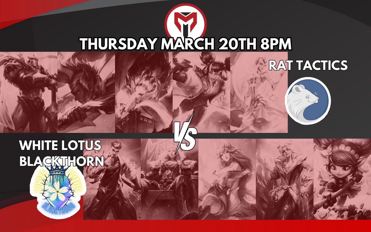Tonight at 8pm on the <a href="/WhtLotusEsports/">White Lotus</a> Twitch: Rat Tactics takes on White Lotus Blackthorn in <a href="/MurkAcademy/">Murk Academy</a>'s IBSG league. Can Rat Tactics secure their 3rd win in a row and snag the top spot in the East division? Find out tonight: twitch.tv/whitelotusorg