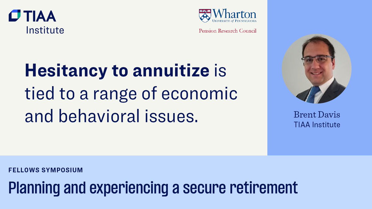 Reluctance to annuitize retirement wealth has been attributed to a range of economic and behavioral issues. At today’s Fellows Symposium, TIAA Institute’s Brent Davis presented a way to overcome annuity hesitancy. tiaa.org/public/institu…
#TIAAInstPRC #TIAAInstFellows