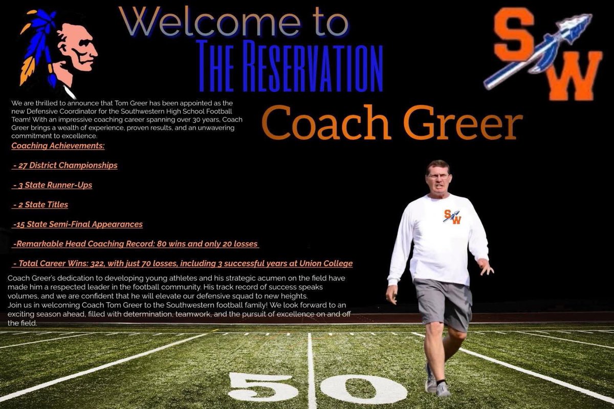 Southwestern High School Football (@southwestern_fb) on Twitter photo It is an EXCITING time for our Football Program! Championship & Legendary Coach, Tom Greer named New Defensive Coordinator! GO WARRIORS! <a href="/ThomasEGreer1/">Thomas E. Greer</a> It is an EXCITING time for our Football Program! Championship & Legendary Coach, Tom Greer named New Defensive Coordinator! GO WARRIORS! <a href="/ThomasEGreer1/">Thomas E. Greer</a>