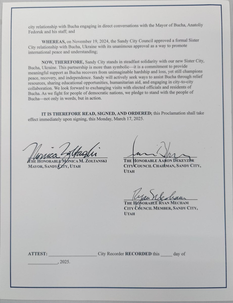August_Mission's tweet photo. Sandy now has a 'sister city' in Ukraine, Bucha - one of the cities hit hardest early during the Russian invasion https://t.co/UQPIEBXddp…   
August Mission is proud to support the establishment of  the sister city relationship https://t.co/geny7f806R