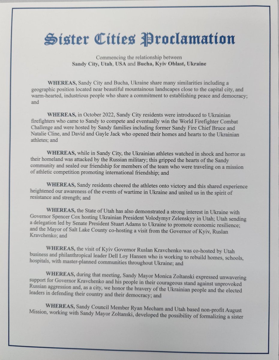 August_Mission's tweet photo. Sandy now has a 'sister city' in Ukraine, Bucha - one of the cities hit hardest early during the Russian invasion https://t.co/UQPIEBXddp…   
August Mission is proud to support the establishment of  the sister city relationship https://t.co/geny7f806R